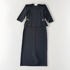 Nicole Studio Vintage Black Peplum Dress Size 6 Midi 2-Piece Look Knit Casual